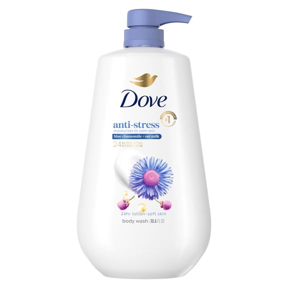 Dove Body Wash With Pump For 24hr Lotion-Soft Skin Anti-Stress Blue Chamomile & Oat Milk, Moisturizing Skin Cleanser with No Sulfates No Parabens ,30.6 Fl oz