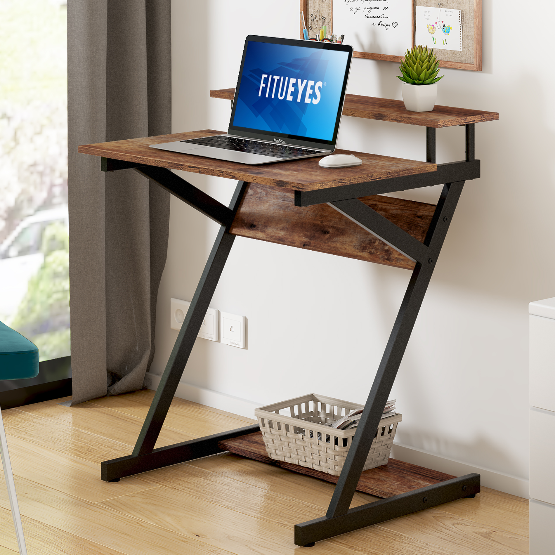 FITUEYES Computer Desk for Small Spaces, 27-Inch Small Desk with Monitor  Shelf  Bottom Storage Shelves, Retro Brown/Black