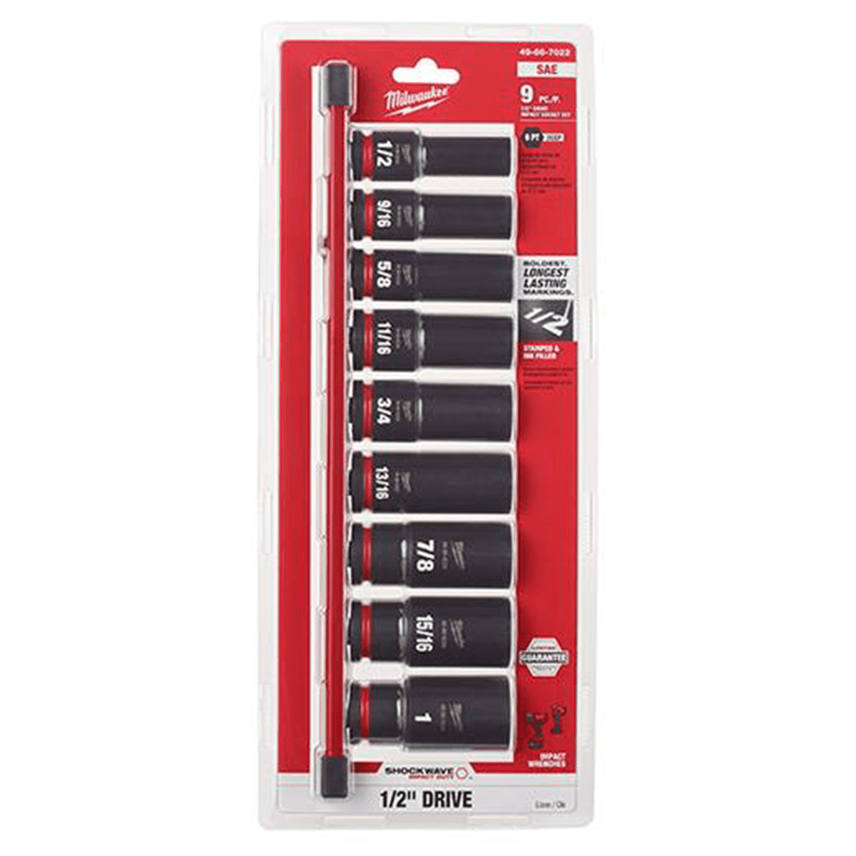 Milwaukee 49-66-7022 9PC SHOCKWAVE 1/2" Dr SAE Deep 6 Point Socket Set