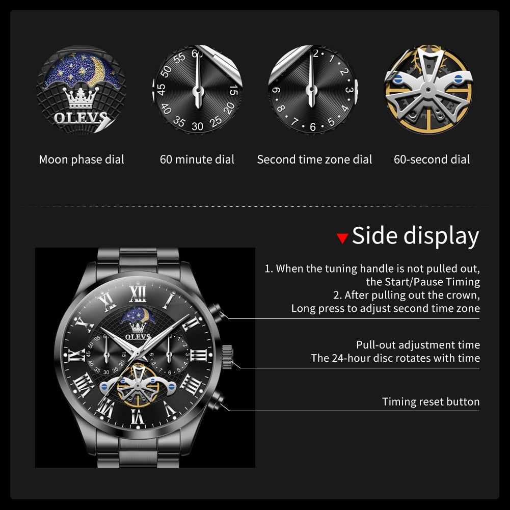 OLEVS Chronograph Watches for Men Waterproof Business Dress Analog Quartz Luxury Moon Phase Stainless Steel Roman Numeral Luminous Casual Mens Wrist Watches Reloj Para Hombre