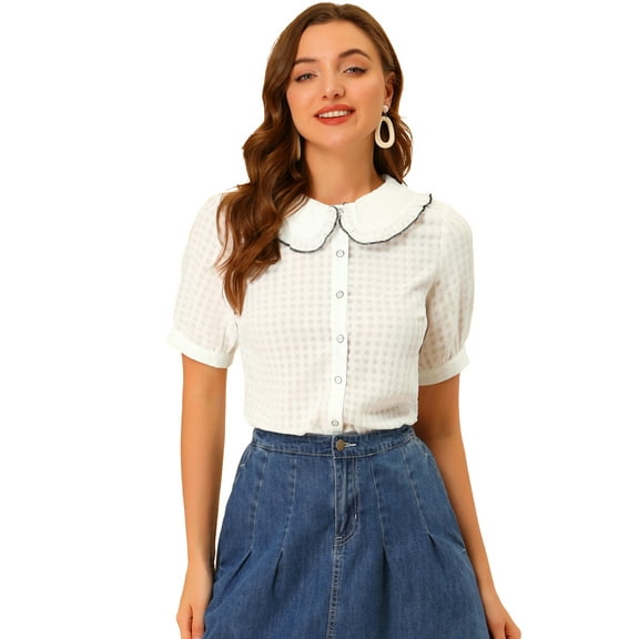 DARING DIVA Women's Peter Pan Collar Ruffled Trim Gingham Shirts Blouse XS White