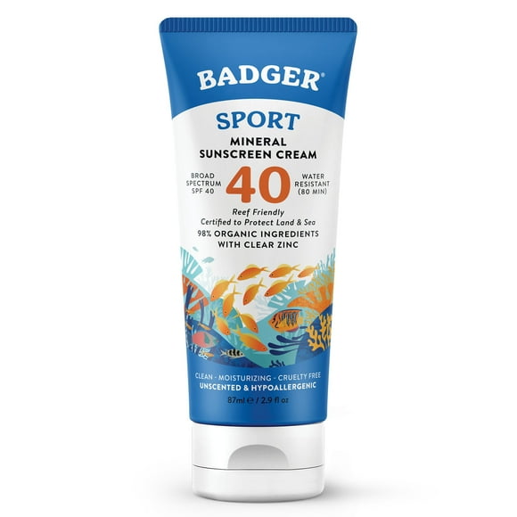 Badger Reef Safe Sunscreen, SPF 40 Sport Mineral Sunscreen with Zinc Oxide, 98% Organic Ingredients, Broad Spectrum, Water Resistant, Unscented, 2.9 fl oz