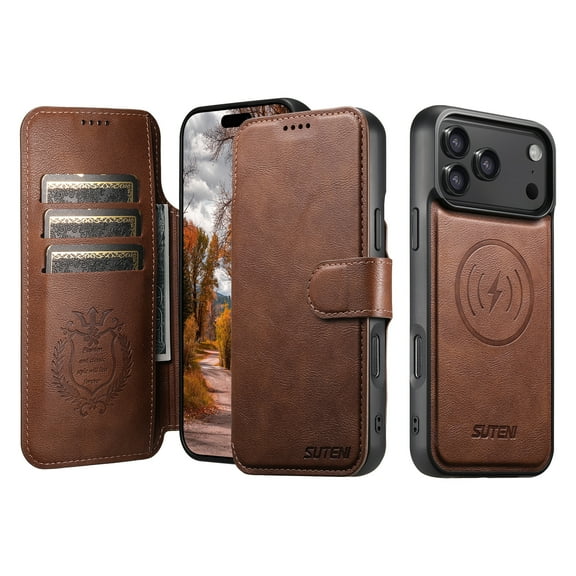 for iPhone 17 Pro Max 2-in-1 PU Leather Case, Detachable Wallet Case with Card Holder Stand, Removable Folio Protective Cover, Support Magnetic Car Mount, Magnetic Clasp, Shockproof Cover, Brown