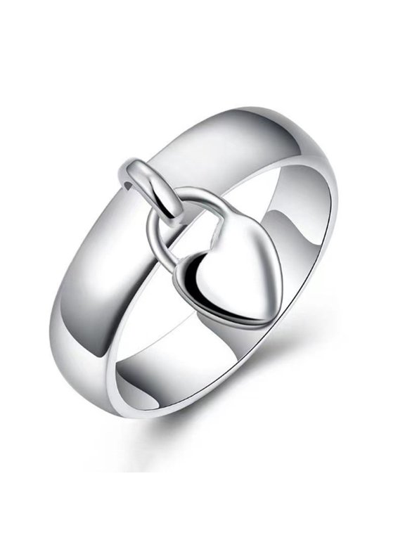 SmartBy Women Ring Heart Shape Lock Polished Electroplated Alloy Geometric Pendant Colorfast Stainless Lady Anniversary Gift Wedding Ring