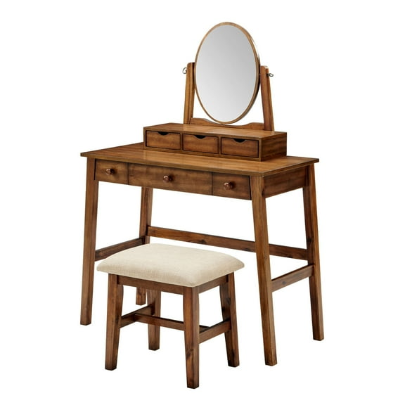 Contemporary Home Living 51.75" Walnut Brown Vanity Set with Tilt Mirror and Stool