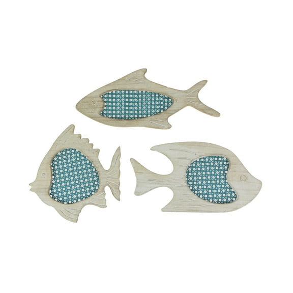 Zeckos Set of 3 Blue and White Wood and Metal Mesh Fish Wall Hangings