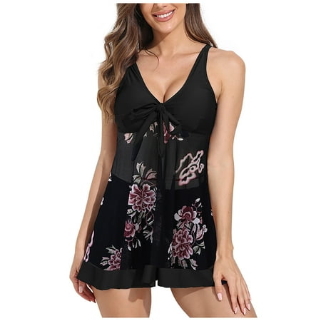 WREESH Women s Tankinis Swim Dress 2-Piece Set with Boyshorts & Bowknot V-Neck Tummy Control Bathing Suit Dark Blue