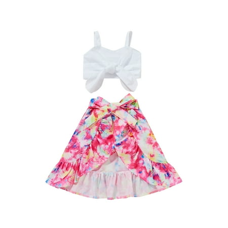 

ZIYIXIN Summer Kids Girls Holiday Clothes 2pcs Strap Sleeveless Bowknot Vest Tops Flowers Printed Ruffles Skirts Sets Rosy 3-4 Years