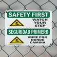 thumbnail image 5 of (2 Pack) Watch Your Step With Symbol Bilingual OSHA Safety First Sign 10 Inch X 7 Inch Plastic Sign, Weather Resistant, UV Protected for Workplace, Business, and Construction Site, Made, 5 of 8