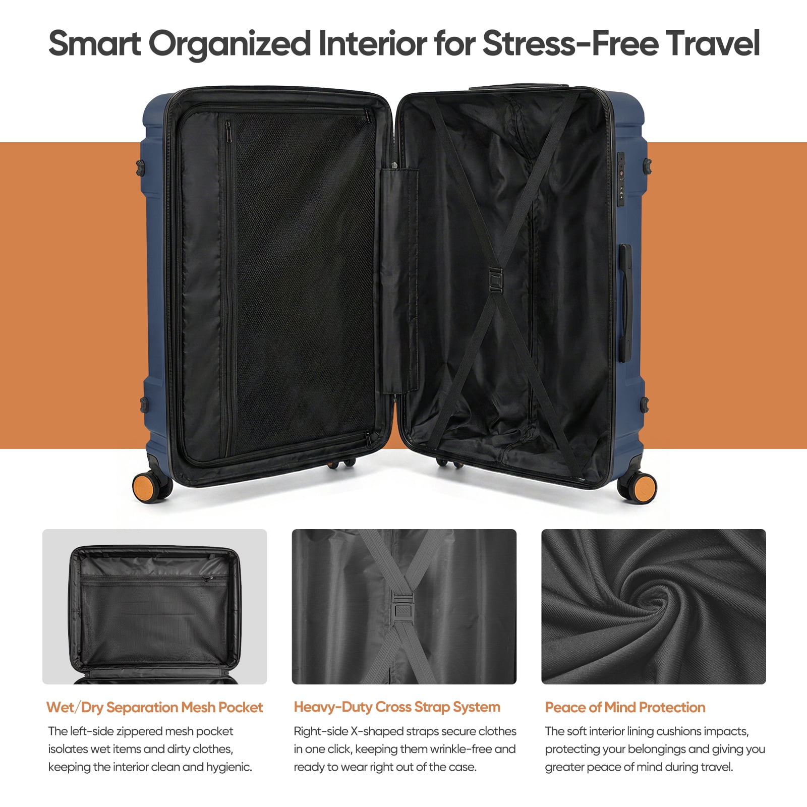 3 Piece ABS Luggage Set with TSA Lock, 20/26/30 Inch Spinner Suitcase for Carry On and Checked Bag, Lightweight Durable Travel Bags for Family Vacation Holiday Travel Back to School and Business Trip