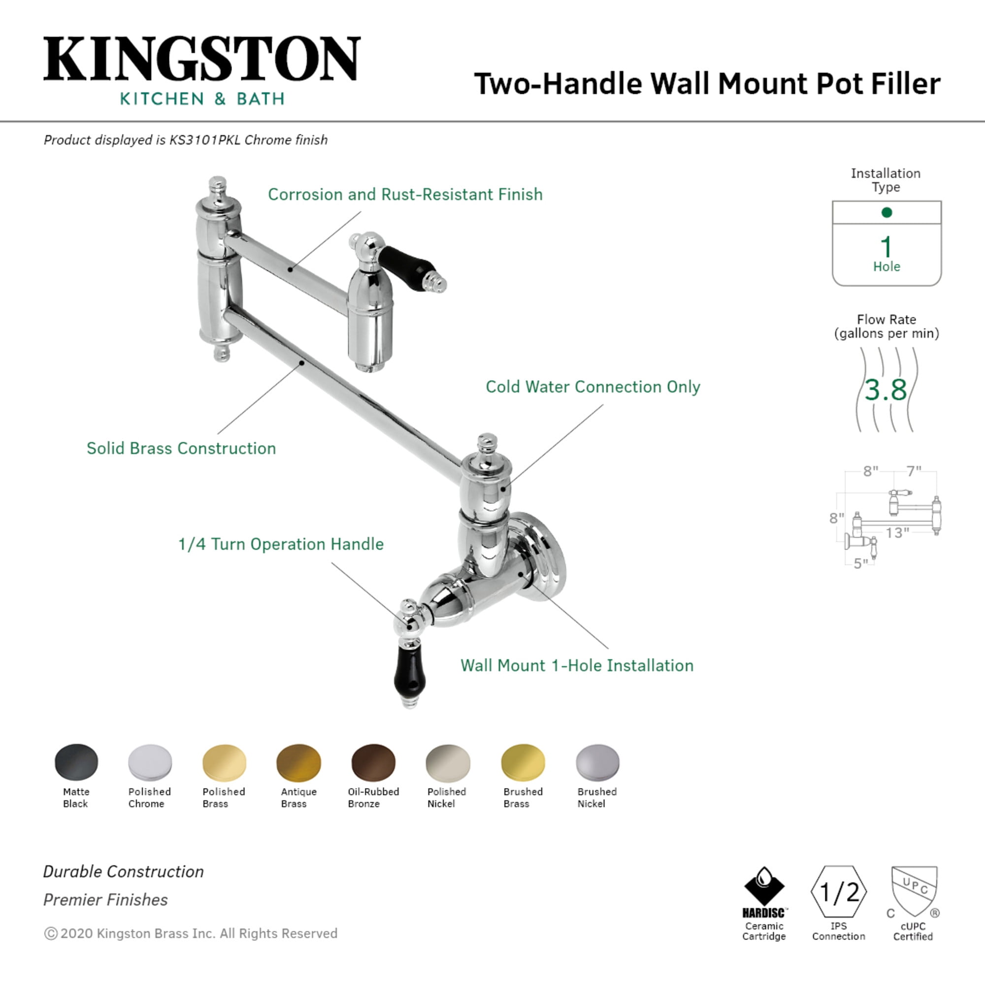 Kingston Brass KS3106PKL Duchess Wall Mount Pot Filler Faucet, Polished Nickel