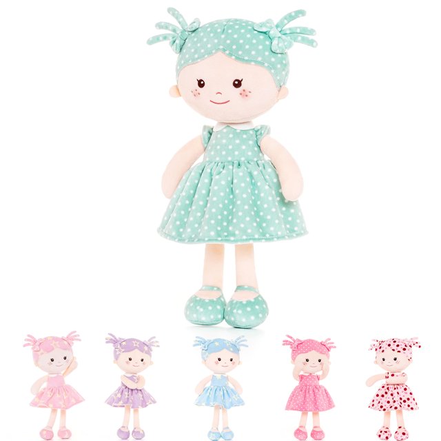 Onetoo Muñeco De Trapo De Felpa Mi Primera Muñeca Bebé Muñeco Bebé Suave para Niñas Durmiendo Muñeco Acurrucado Vestido Verde Lunares Blancos 14""(Serie Milly)