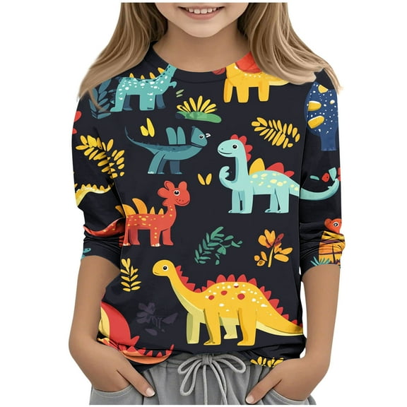 THDHVS Girls Tops 3/4 Sleeve Round Neck T Shirt Casual Dinosaur Print Pullover Baby Teen Clothes Black 11-12 Years