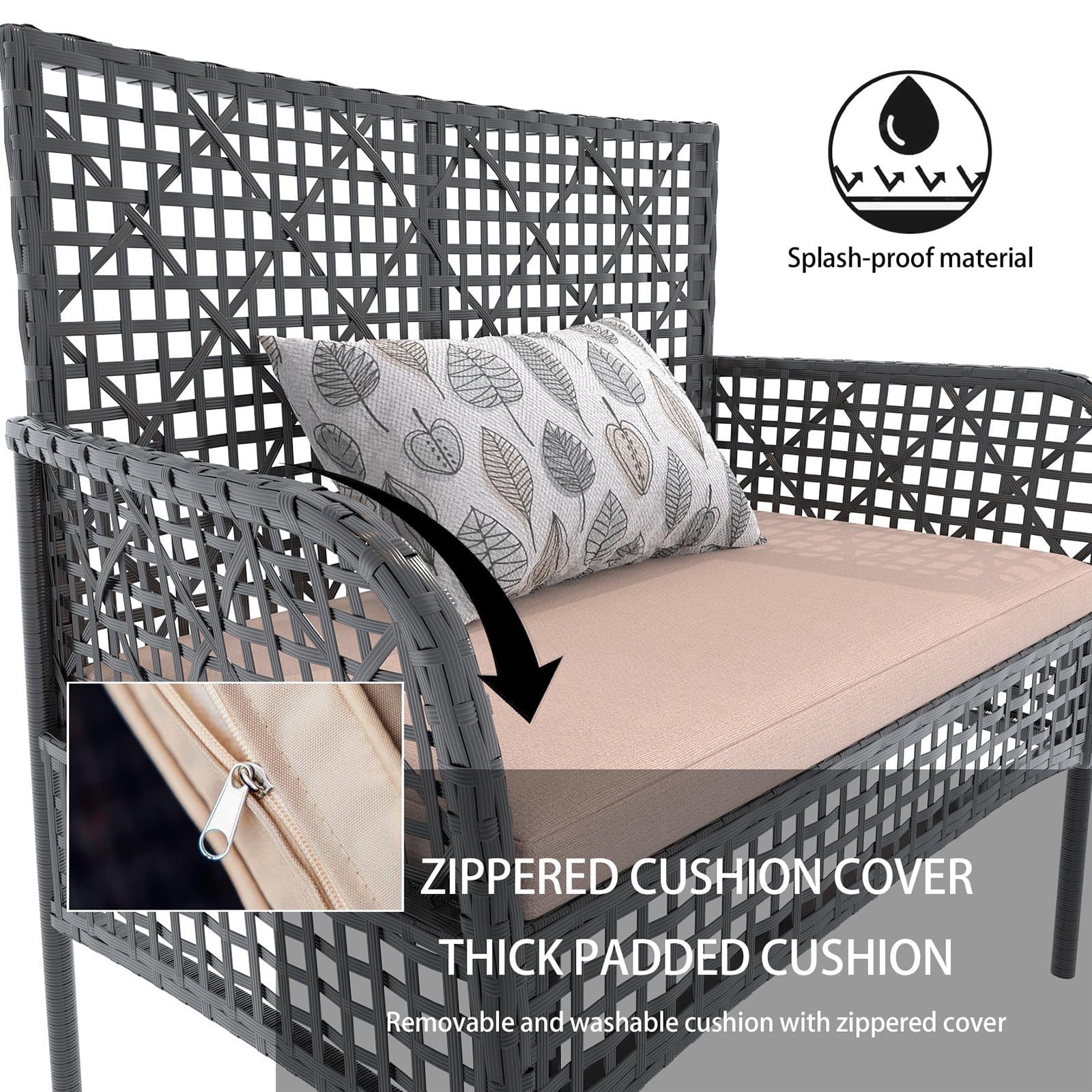 Tappio 4 Piece Outdoor Rattan Furniture Patio Conversation Set, Wicker Sofa Outdoor Patio Sets with Cushions and 2-Tier Table for Yard, Pool or Backyard, Beige