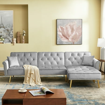 CoSoTower Modern Velvet Upholstered Reversible Sectional Sofa Bed, L-Shaped Couch With Movable Ottoman And Nailhead Trim For Living Room., Light Grey