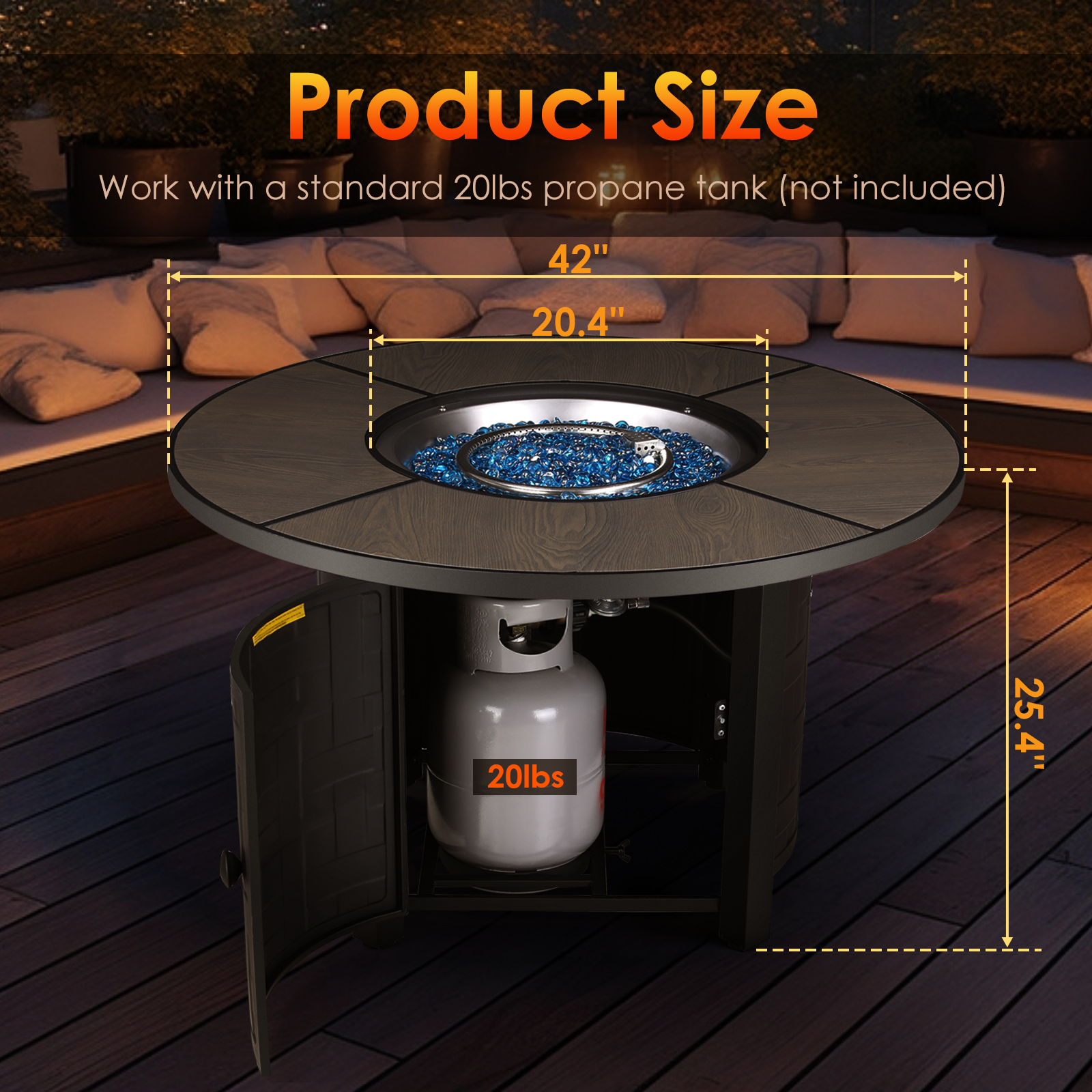 Arlopu 42in Round Propane Fire Pit Table, 50,000 BTU Outdoor Gas Firepit Table with Fire Glass, Metal Lid & Waterproof Cover