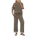 thumbnail image 2 of Textilo Womens 2 Piece Outfits Jogger Lounge Summer Sweatsuits Travel Short Sleeve T Shirt Comfortable Wide Leg Pants Set Khaki S, 2 of 6