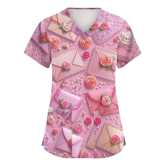 Valentine Day Scrub Tops for Woman Love Heart Print Quick Dry Short Sleeve Cute Scrubs V Neck Nursing Plus Size Scrub Tops with Pockets Purple Pink 3XL