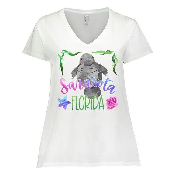 Inktastic Sarasota Florida Cute Swimming Manatee Women's Plus Size V-Neck T-Shirt