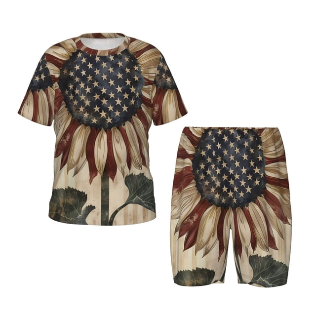 Fotbe USA Sunflower Flag Pijama Estampada de 2 Piezas para Niños – Ropa de Dormir de Manga Corta Cómoda para Niños y Niñas, Camiseta y Shorts de Algodón-Medium