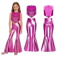 thumbnail image 2 of Aislor Girls 2 Pcs 70s Disco Outfits Metallic Gloss Sleeveless Tassels Top with Split Bell-bottom Pants Dance Outift Hot Pink 10, 2 of 7