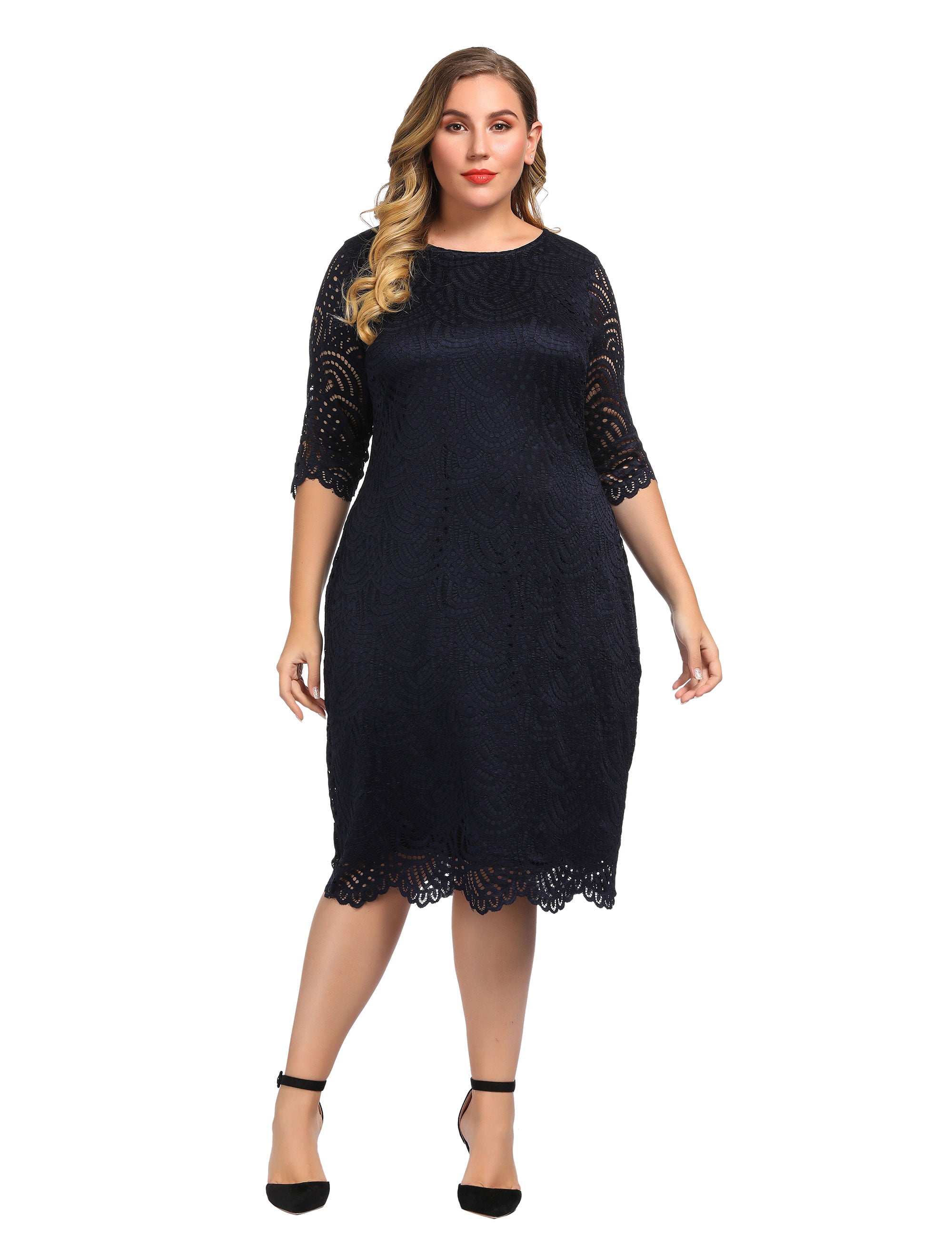 Chicwe Women's Lined Stretch Lace Plus Size Shift Dress with Scalloped ...