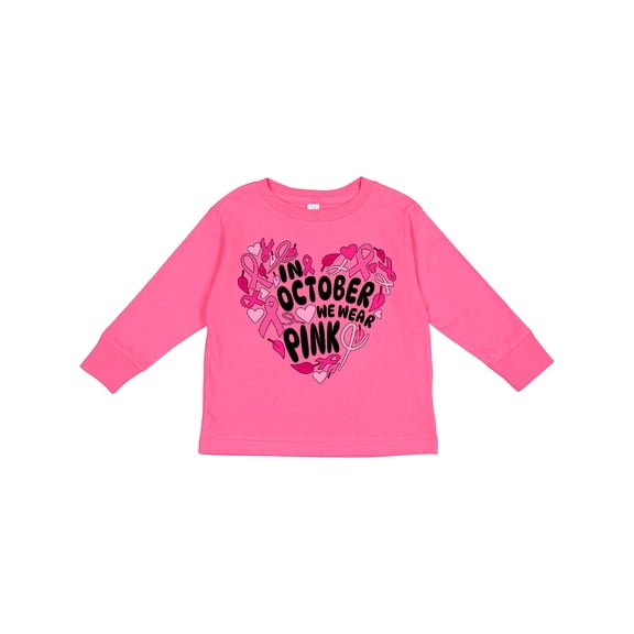 Inktastic In October We Wear Pink Breast Cancer Awareness Heart Boys or Girls Long Sleeve Toddler T-Shirt