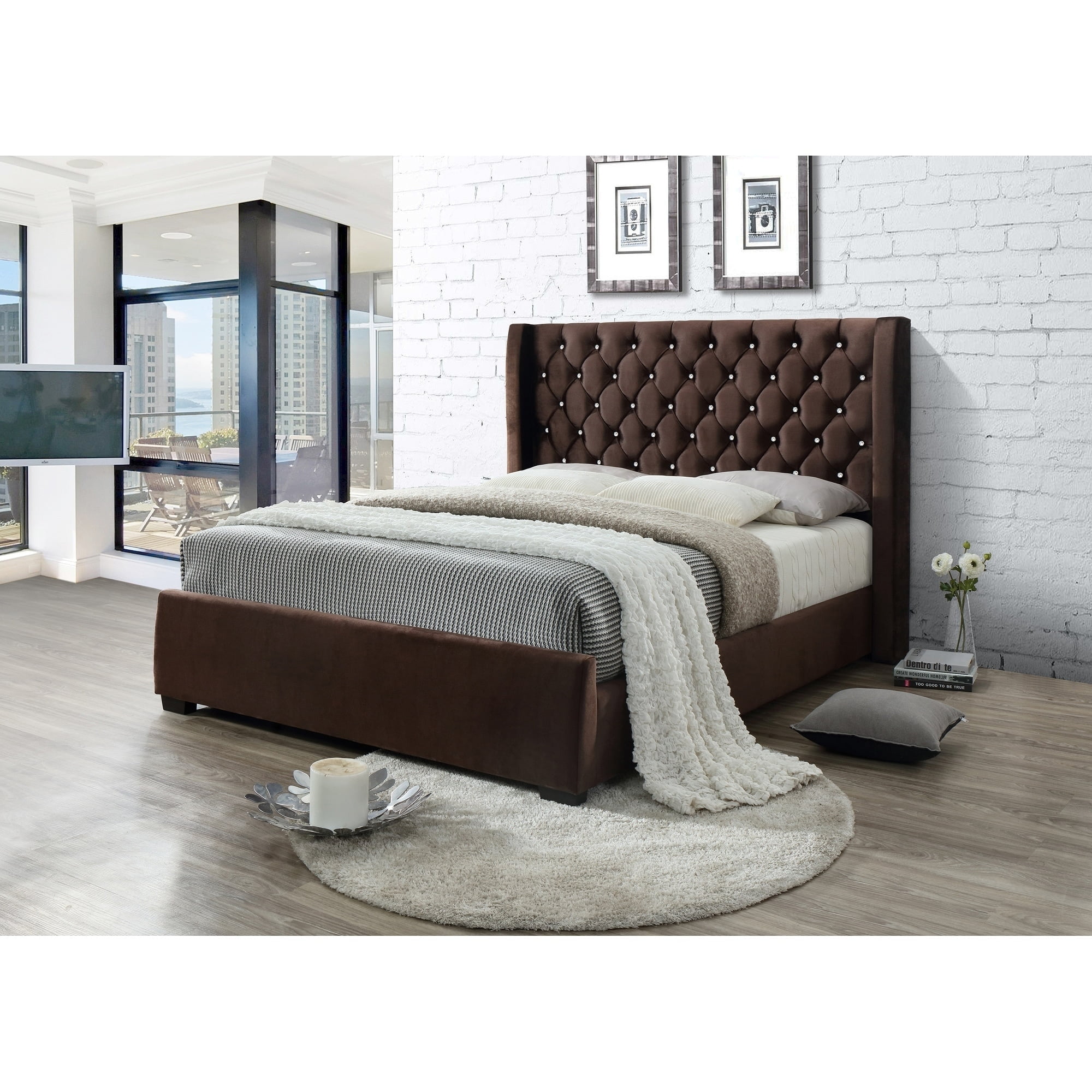 Modern Tufted Brown Velvet Wingback Queen Platform Bed With A 65 Modern Tufted Brown Velvet Wingback Queen Platform Bed With A 65 Inch Tall Headboard No Box Spring Required