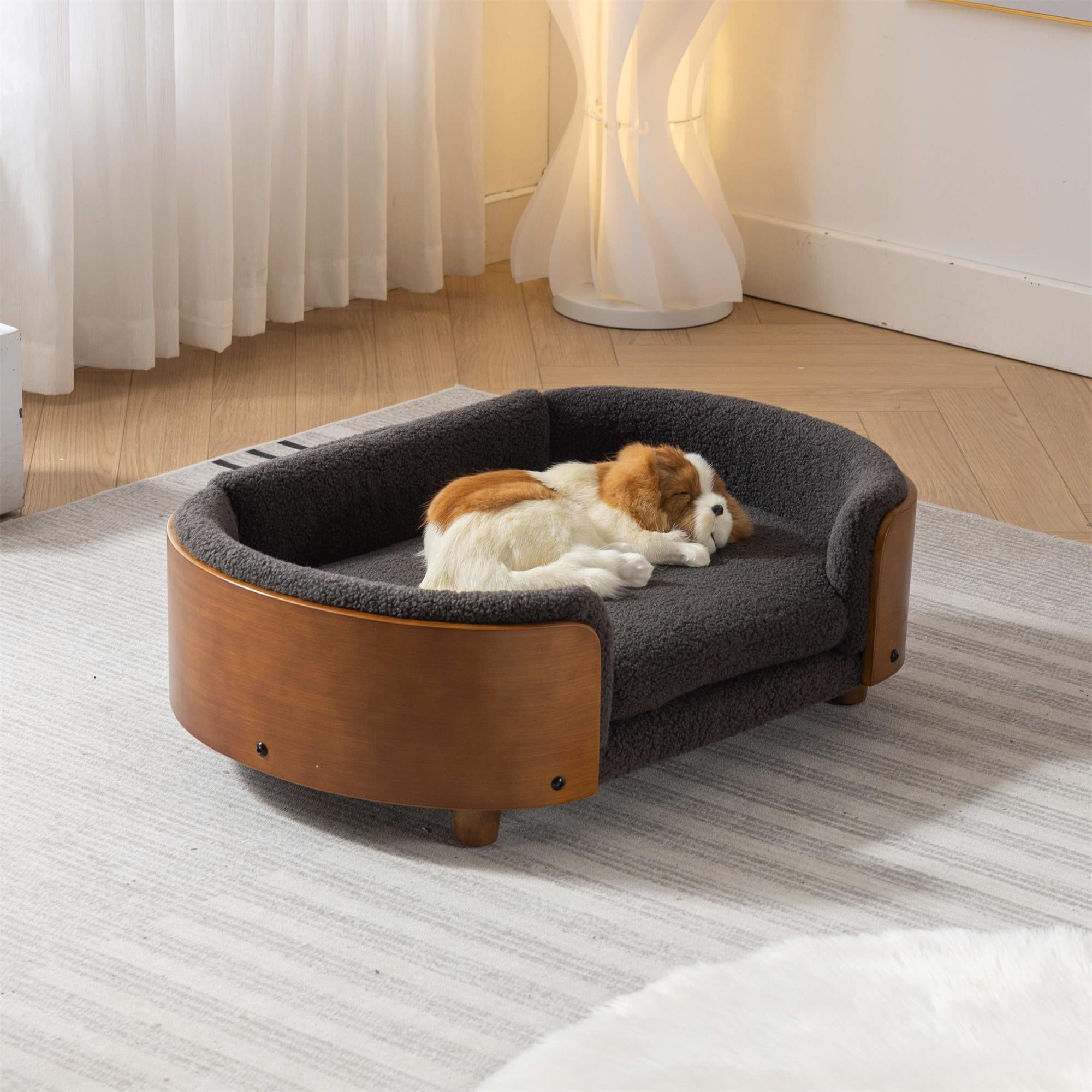 Pefilos 30" Elevated Pet Dog Bed with Solid Wood Legs and Walnut Bent Wood Back, Cashmere Cushion, Pet Sofa for Indoors Dogs, Gray Pefilos 30" Elevated Pet Dog Bed with Solid Wood Legs and Walnut Bent Wood Back, Cashmere Cushion, Pet Sofa for Indoors Dogs, Gray