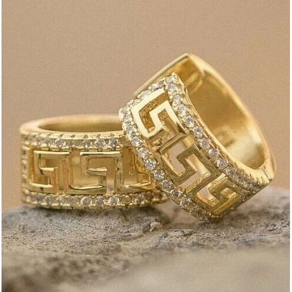 Men's 14K Yellow Gold Plated 925 Sterling Silver Greek Key Huggie Hoop Earrings – Classic & Hypoallergenic