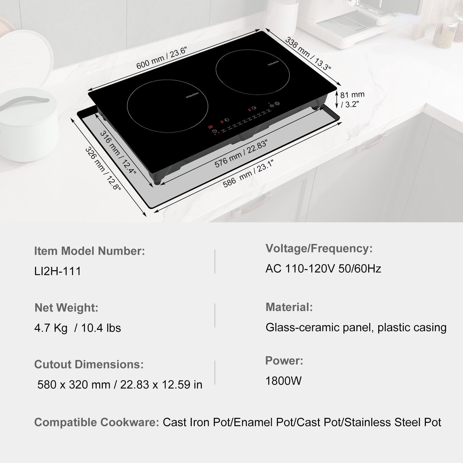 KFFKFF 2 Burners Ceramic Glass Stove Top Touch Control 24 inch Electric Cooktop