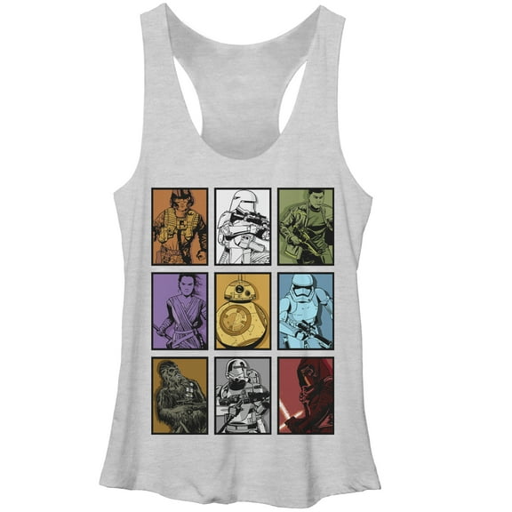 Women's Star Wars The Force Awakens Rey and BB-8 Character Boxes Racerback Tank Top White Heather X Large