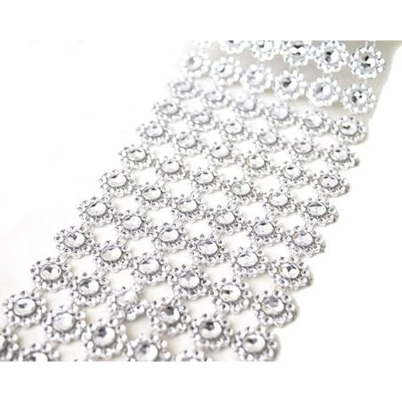 4"x10 Yards Flower Diamond Mesh Faux Rhinestone Ribbon Wrap for Wedding, Party, and Events Decoration (Silver)