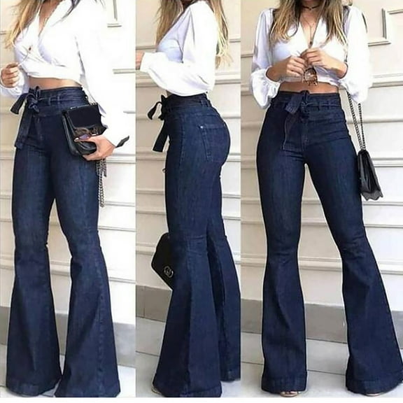 UTTOASFAY Fashion Ladys High Waisted Lacing Pants Stretch Wide Leg Jeans Bell-Bottomed Pants Blue 4(S)