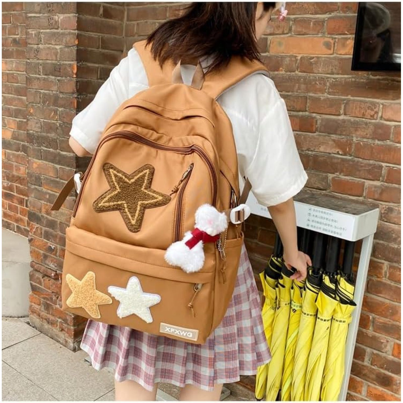 SQDWYGUO Y2k Backpack with Kawaii Pendant Aesthetic Star Backpack Cute Preppy Laptop Book Bag Back to College Supplie,Caramel