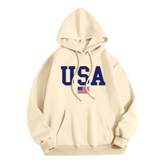 Wxolcjlv Women's Pullover Hoodies USA Flag Letter Graphic Print Drawstring Pullover Sweatshirts With Pocket