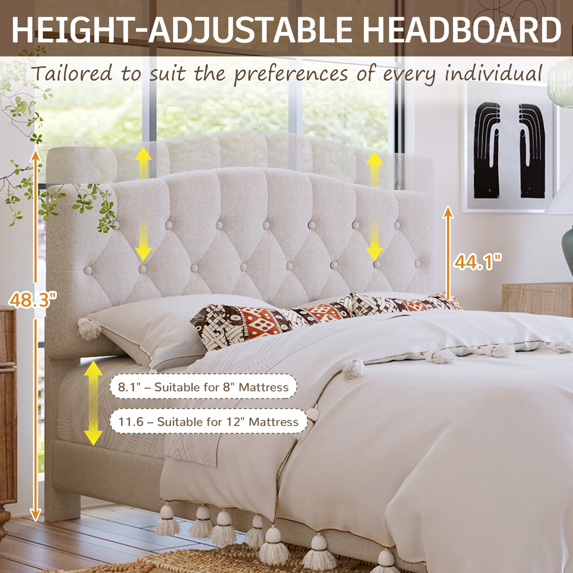PORKISS Queen Size Linen Bed Frame with Upholstered Button Tufted Adjustable Headboard, Platform Bed with Wooden Slats Support, Holds 800lbs, Beige