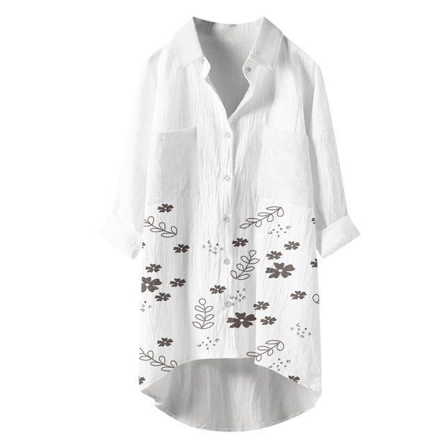 Blusa con bolsillo y estampado de solapa con botones de manga larga informal para mujer Pompotops FGAJ20573
