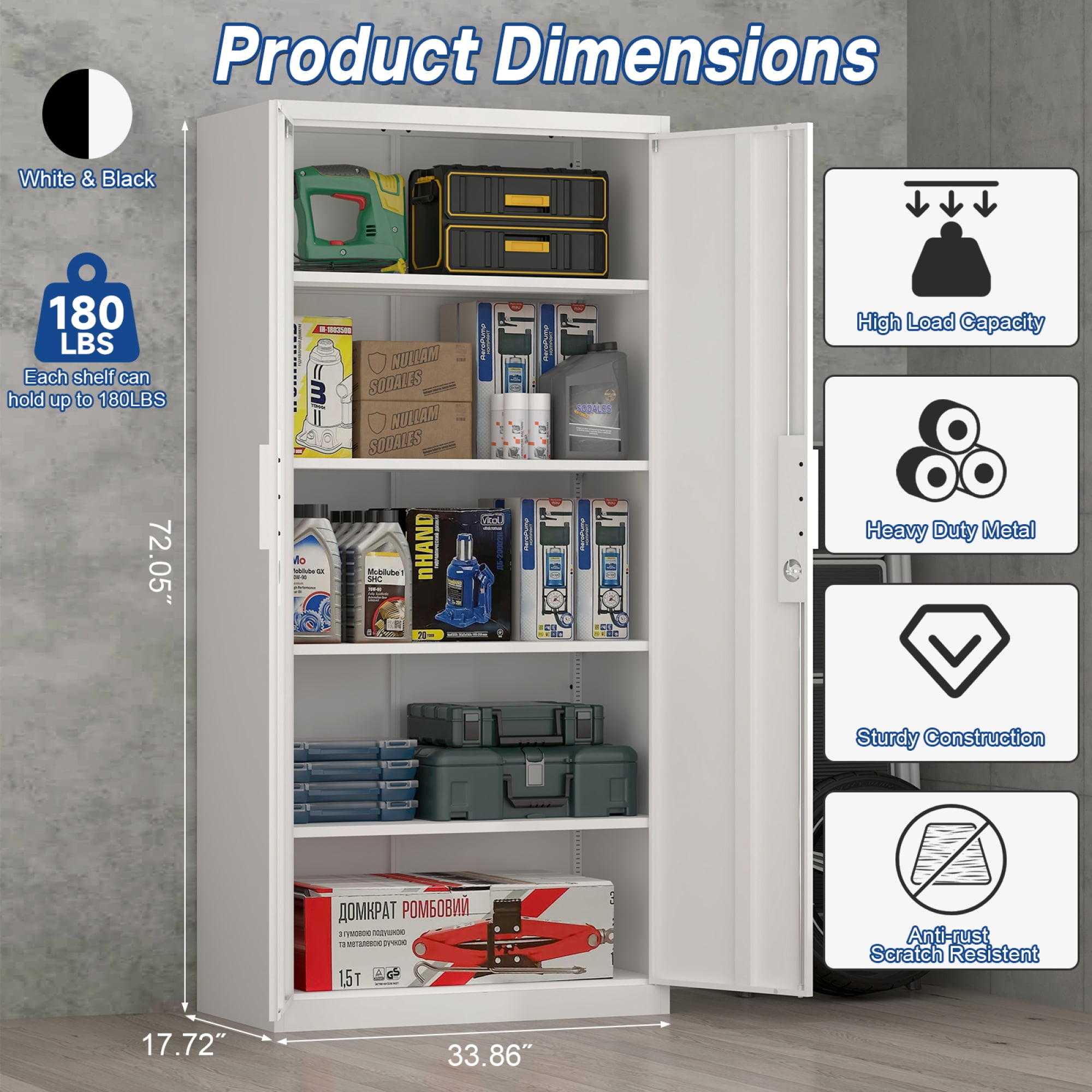 Metal Storage Cabinet with Adjustable Shelves & 2 Doors,70" H Garage Storage Cabinet with Lock Multi-Use Organizer for Garage,Classroom,Office,White