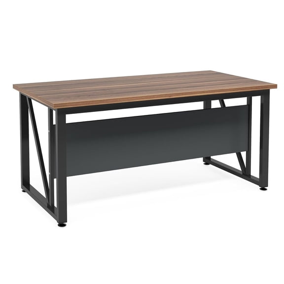 Benjara Tibe Computer Desk- 55" Rectangle Top- Brown Wood Black Metal Legs