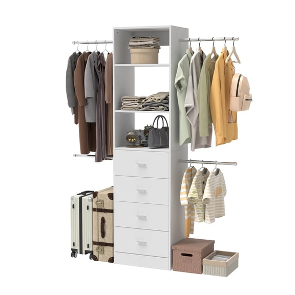 Closet Organizer System, 3-5Ft Walk-In Closet System with 4 Drawers & Adjustable Hanging Rods, White