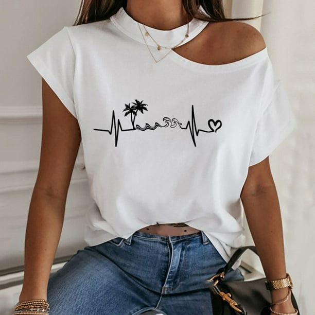ã€–yilirongyummã€— white xxl t shirts for women summer round neck short one shoulder off shoulder solid top shirt - Walmart.com