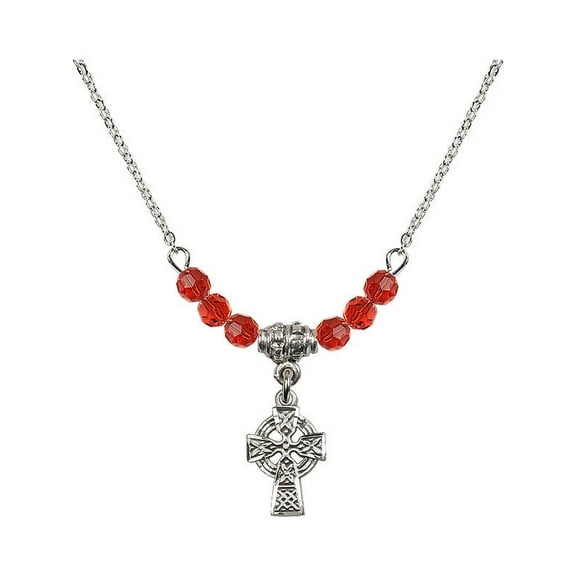 18-Inch Rhodium Plated Necklace with 4mm Red July Birth Month Stone Beads and Celtic Cross Charm