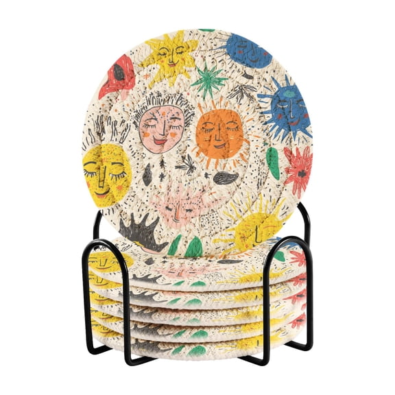 Haosy Set of 6 Drink Woven Coaster with Holder Heat Resistant Non-Slip Bar Coasters 4 Inches Hand Drawn Sun
