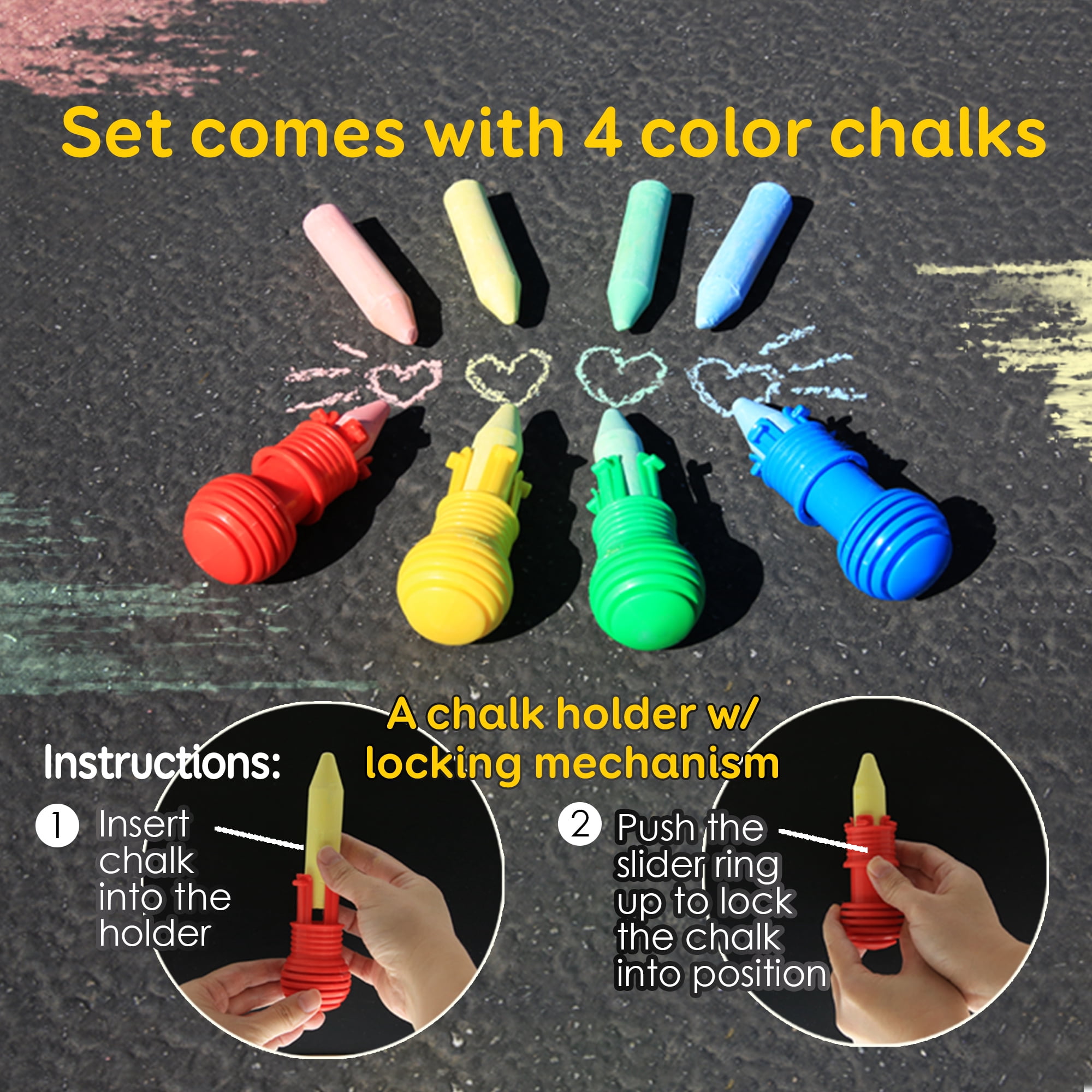 BAZIC Jumbo Sidewalk Chalks & Chalk Holders, 4 Colors Chalks with 1 Plastic Holder, Outdoor Fun Activity Art Coloring, 4-Packs