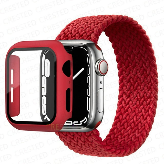 ALMNVO Apple Watch Band 45mm Screen Protector Case Braided Solo Loop Strap with Protective Case, Stretchy Wristband Elastic Nylon Strap Bracelet for iWatch Series 7 45mm Band -Red
