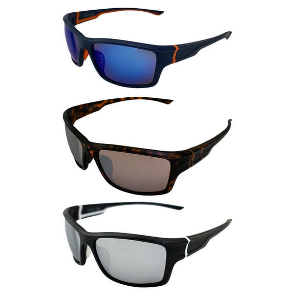 AlterImage Tussle Wraparound Sports & Motorcycle Retro Sunglasses for Men or Women 3 Pair Blue Tortoise & Black Frames w/ Coinjected Rubber Temples G-Tech Blue Driving & Flash Mirror Lenses