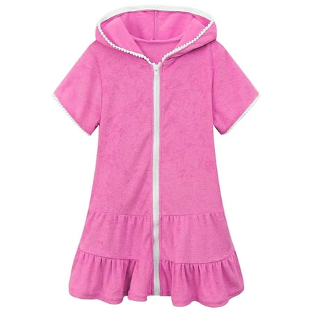 eczipvz Girls Gradient Color Swim Cover Up One Piece Swimsuit Tie Dye Zip Short Sleeve Ruffle Hooded Terry Coverup Swimwear(Hot Pink 6-7 Years)