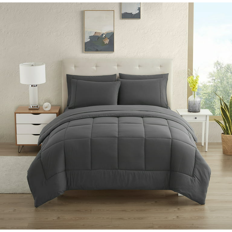 HIG 7 Pieces Modern Pintuck Comforter Set with Pleated Stripes King, Gray  Classic Down Alternative Bedding Set for Bedroom, All Season Bed in A Bag 