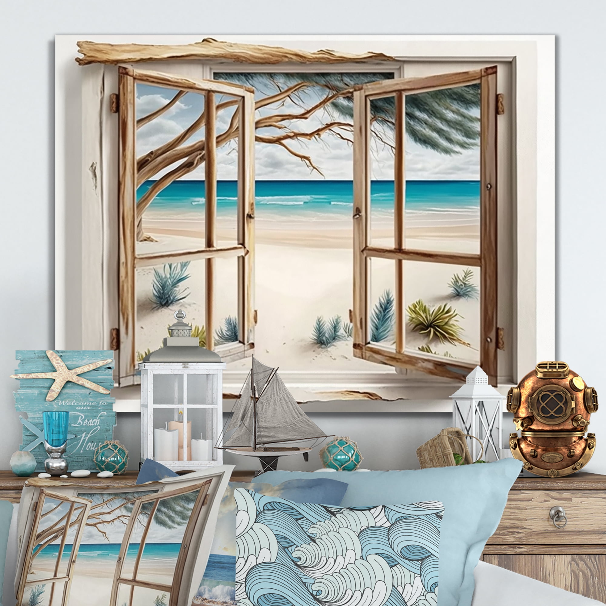 Designart Window To The Beach I Canvas Wall Art